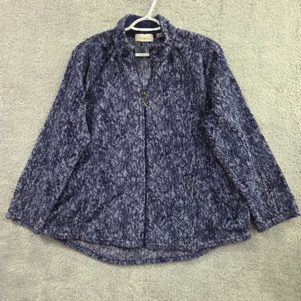 Stan Herman‎ Fleece Jacket Women's XL Blue Textured Plush Full Zip Mock Neck